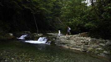 vrouw en jongen wandelen langs natuurlijk vijver met klein waterval, zomer tijd. creatief. op reis in oerwouden. foto