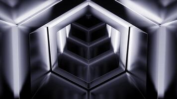 abstract monochroom zeshoek vormen creëren effect van een tunnel. ontwerp. vliegend door neon kozijnen. foto