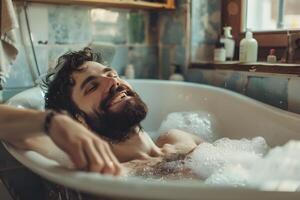 ai gegenereerd Mens ontspannende in bad met schuimend bubbels foto