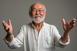 ai gegenereerd portret van glimlachen senior Aziatisch Mens vervelend bril met handen in een gastvrij gebaar Aan een solide grijs achtergrond foto