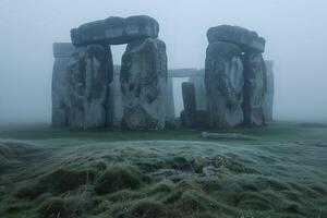 ai gegenereerd oude megalithisch cromlech Aan een ijzig ochtend- foto