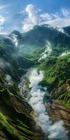 ai gegenereerd verticaal visie van een vulkanisch vallei met geisers en hydrothermisch streams foto
