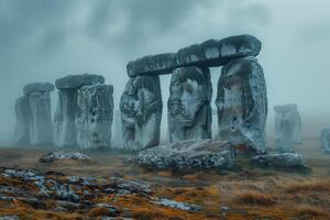 ai gegenereerd oude megalithisch cromlech Aan een mistig herfst dag foto