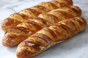 ai gegenereerd vers gebakken stokbrood Aan tafel, dichtbij omhoog foto