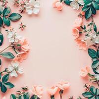 ai gegenereerd bloemen botanisch kader Aan roze pastel achtergrond foto