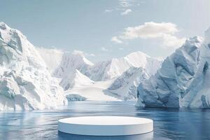 ai gegenereerd Product podium stadium presentatie met gletsjer achtergrond voor advertentie foto