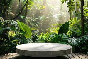ai gegenereerd circulaire Product podium presentatie met oerwoud tropisch planten achtergrond foto