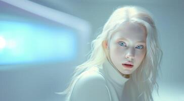 ai gegenereerd mode portret van een mooi vrouw met blond haar- en blauw ogen in futuristische wit interieur achtergrond foto