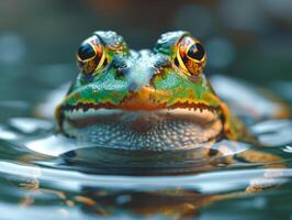 ai gegenereerd kikker gluren uit van de water. een groen kikker zwemmen in de water foto