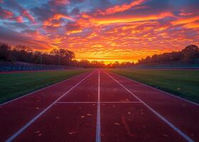 ai gegenereerd bijhouden en veld- Bij zonsondergang. een zonsondergang Aan een bijhouden Bij nitriet leeuwen Amerikaans voetbal stadion foto