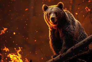 ai gegenereerd wild bruin beer zittend Aan boom in de midden- van Woud brand foto
