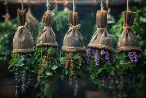 ai gegenereerd vers kruiden en bloemen hangende in trossen in de tuin foto