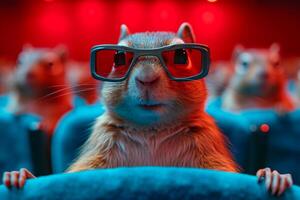 ai gegenereerd drie muizen Gaan naar de bioscoop naar kijk maar film. een chipmunk in de bioscoop aan het kijken een film foto