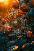 ai gegenereerd spin web met dauw druppels in de vroeg ochtend- foto