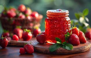 ai gegenereerd pot van aardbei jam Aan houten tafel foto