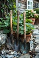 ai gegenereerd drie oud tuin gereedschap en bloem potten in de tuin foto