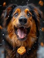 ai gegenereerd gelukkig hond is spelen met biscuit foto