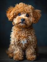 ai gegenereerd schattig bruin speelgoed- poedel zit Aan donker achtergrond en looks Bij de camera. foto