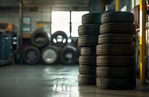 ai gegenereerd banden voor uitverkoop Bij band op te slaan. een stack van nieuw banden is gestapeld hoog in de garage foto