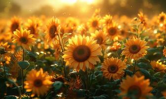 ai gegenereerd zonnebloemen in de veld- Bij zonsondergang foto