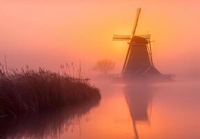 ai gegenereerd windmolen in mistig voorjaar zonsopkomst. kleurrijk voorjaar zonsopkomst in de wetlands. foto