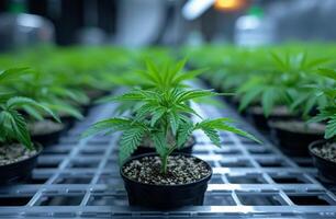 ai gegenereerd rijen van hennep planten in potten in serre. een hennep blad is gegroeid in een laboratorium kamer Aan de fabriek foto