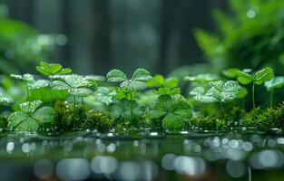 ai gegenereerd groen planten en water in de Woud. een klaver bladeren foto