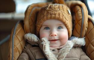 ai gegenereerd baby is zittend in wandelwagen en is vervelend hoed. foto