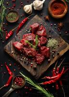 ai gegenereerd rauw vers rundvlees vlees plakjes Aan houten snijdend bord met rozemarijn en rood heet Chili paprika's foto