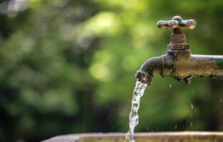 ai gegenereerd water stromen van de tik. een oud water kraan met een groot tuit van welke wit water is vloeiende foto