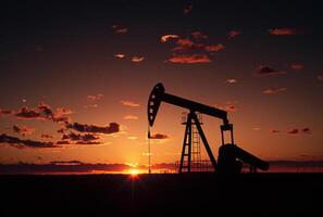 ai gegenereerd olie pomp olie tuigage energie industrieel machine voor petroleum in de zonsondergang achtergrond voor ontwerp foto