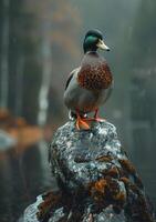 ai gegenereerd wild eend zittend Aan rots in de midden- van meer foto