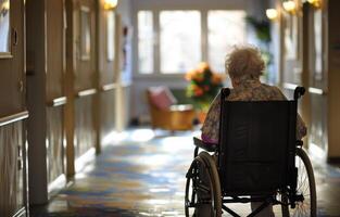 ai gegenereerd senior vrouw is zittend in rolstoel. regering gecontroleerd pensioen programma's foto