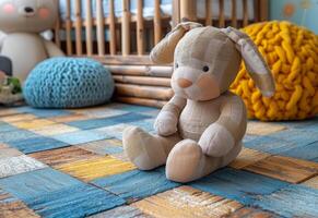 ai gegenereerd zacht speelgoed- konijn zittend Aan de verdieping in kinderen kamer foto