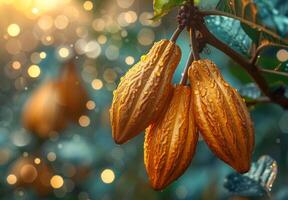 ai gegenereerd cacao bonen hangende Aan boom Bij zonsondergang foto