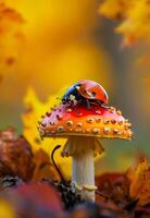 ai gegenereerd lieveheersbeestje Aan vlieg agaric. fotograaf van lieveheersbeestje Aan paddestoel foto