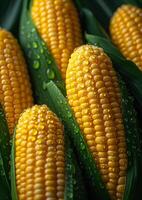 ai gegenereerd maïs is gezond voedsel. een veel van likdoorns naadloos patroon versierd met glimmend water druppels foto