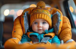 ai gegenereerd schattig weinig mooi baby jongen in warm winter kleren zittend in de auto stoel Aan de terug stoel van auto foto