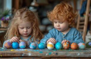 ai gegenereerd twee kinderen verf Pasen eieren. de concept van kinderen creativiteit voorbereidingen treffen voor de vakantie foto