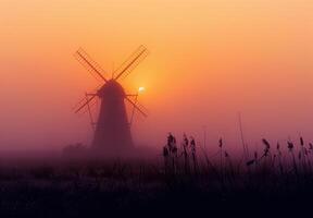 ai gegenereerd windmolen in de de nevel Bij zonsopkomst. een geel windmolen stijgt van een nevelig veld- foto