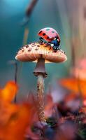 ai gegenereerd lieveheersbeestje en paddestoel in de herfst Woud foto
