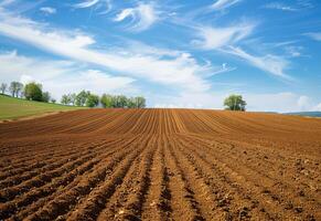 ai gegenereerd een geploegd land- veld- met blauw lucht foto