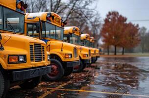 ai gegenereerd school- bussen geparkeerd in rij. rij van geparkeerd school- bussen klaar naar plukken omhoog studenten foto