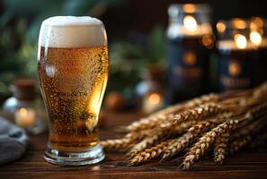 ai gegenereerd glas van verkoudheid licht bier met tarwe Aan de houten tafel foto