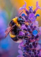 ai gegenereerd hommel verzamelt nectar van lavendel bloem foto