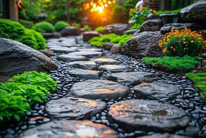 ai gegenereerd mooi steen pad in de tuin foto