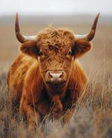 ai gegenereerd hoogland koe aan het liegen naar beneden in veld. een stier in de veld- met lang hoorns foto