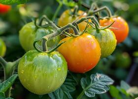 ai gegenereerd tomaten rijpen Aan de Liaan in kas foto