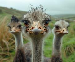 ai gegenereerd drie struisvogels kijken Bij de camera. foto