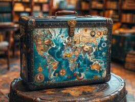 ai gegenereerd wijnoogst oud koffer en kaart van de wereld in bibliotheek foto